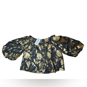 Flying Tomato Metallic‎ Floral Blouse Puff Sleeve Cropped Statement Top Sz Lg